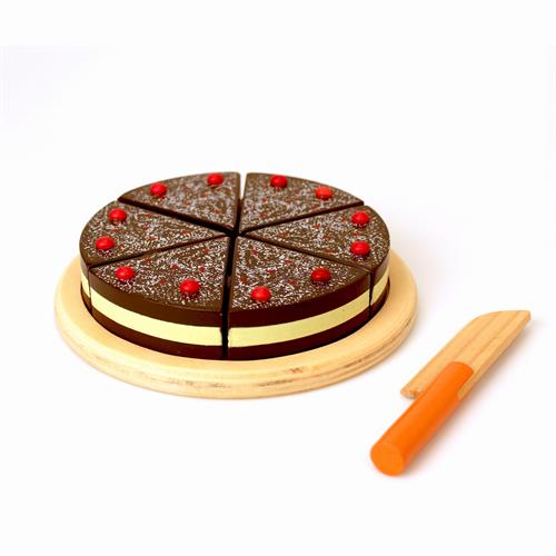 Holzkuchen, Schokoladenkuchen mit Holzmesser