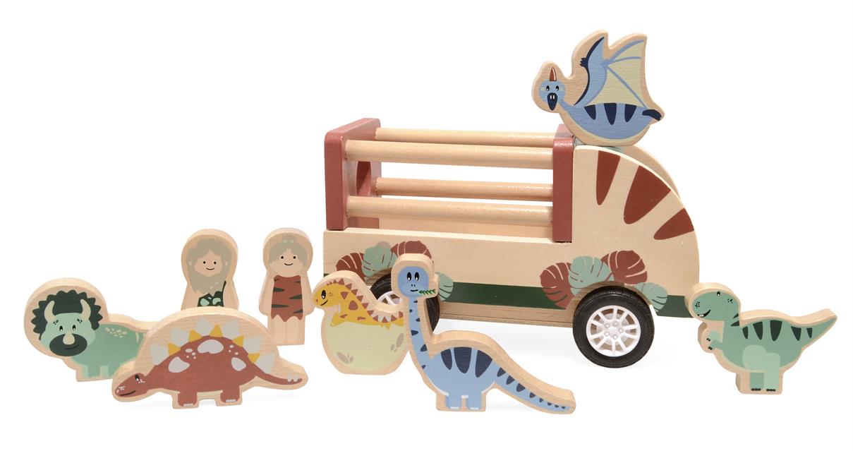 Holzspielauto Dino & Steinzeit - aufziehbar